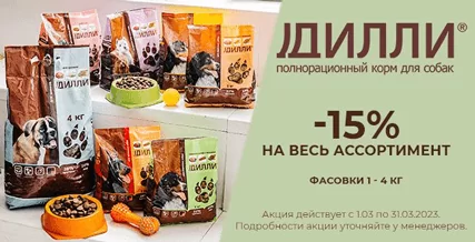 Скидка 15% на сухие корма для собак и щенков Дилли!