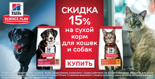 Скидка 15% на корма Hills для кошек и собак
