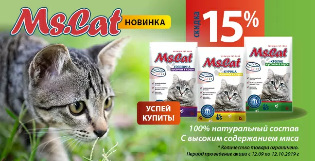 Скидка 15% на корм для кошек Ms.Cat 