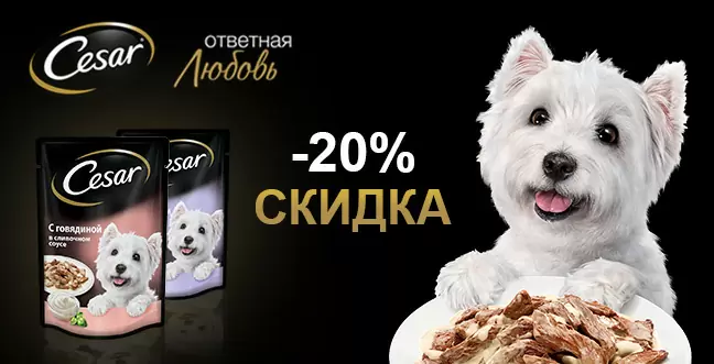 Скидка 20% на корм Cesar в виде паучей