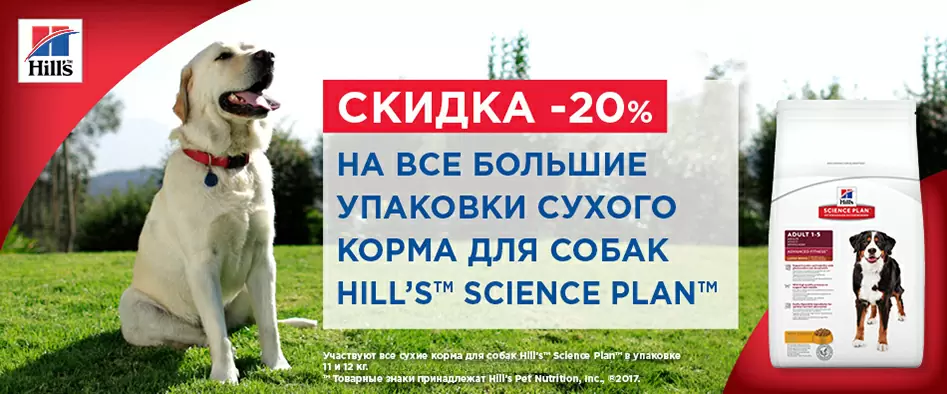 Скидка 20% на корма для собак Hills Science Plan. 