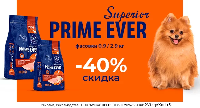Скидка 40% на выделенный ассортимент сухого корма Prime Ever Superior !