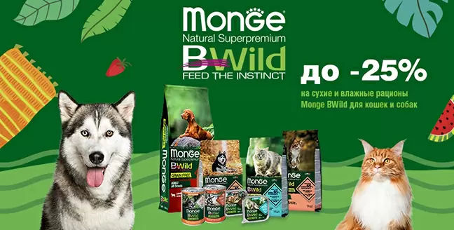 Скидка 20% на корма Monge Bwild для кошек и собак!