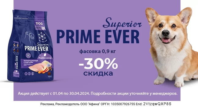 Скидка 30% на выделенный ассортимент сухого корма Prime Ever Superior Medium & Maxi!