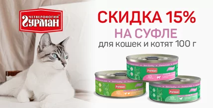 Скидка 15% на суфле Четвероногий гурман для кошек и котят!