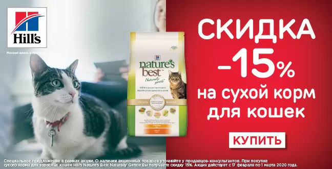 Скидка 15% на сухой корм Hills для кошек!