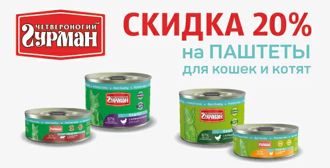 20% на паштеты Четвероногий Гурман для кошек и котят!