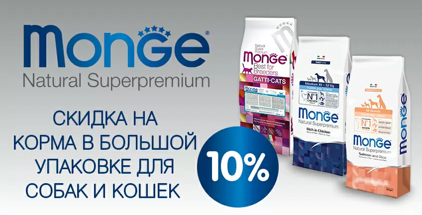 10% на корма Monge для собак и кошек!