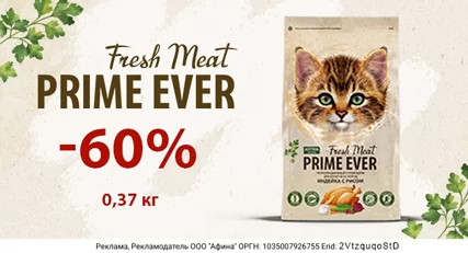Скидка 60% на корм Prime Ever Fresh Meat для котят
