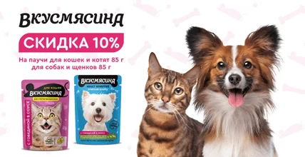 Скидка 10% на паучи Вкусмясина для кошек и собак!