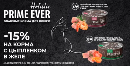 Скидка 15% на влажные корма Prime Ever для кошек!