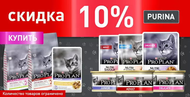 Скидка 10% на корм Purina для собак и кошек!