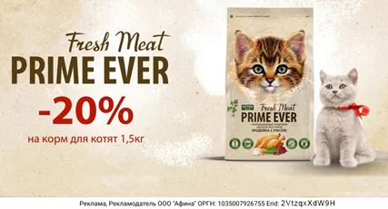 Скидка 20% на корм Prime Ever Kitten