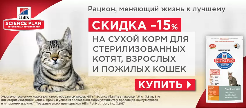 Скидка 15% на сухой корм Hills для кошек! 