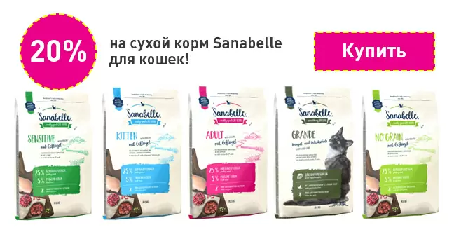 Скидка 20% на корма для кошек Sanabelle