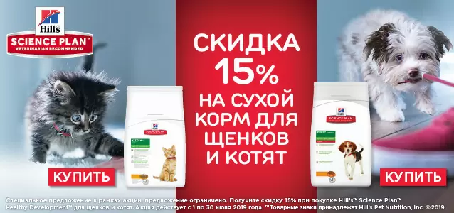 Скидка 15% на корма Hills для котят и щенков