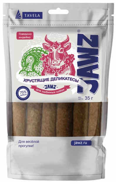 Лакомство собаки JAWZ Хрустящие деликатесы с говядиной и индейкой 0035 кг 260₽
