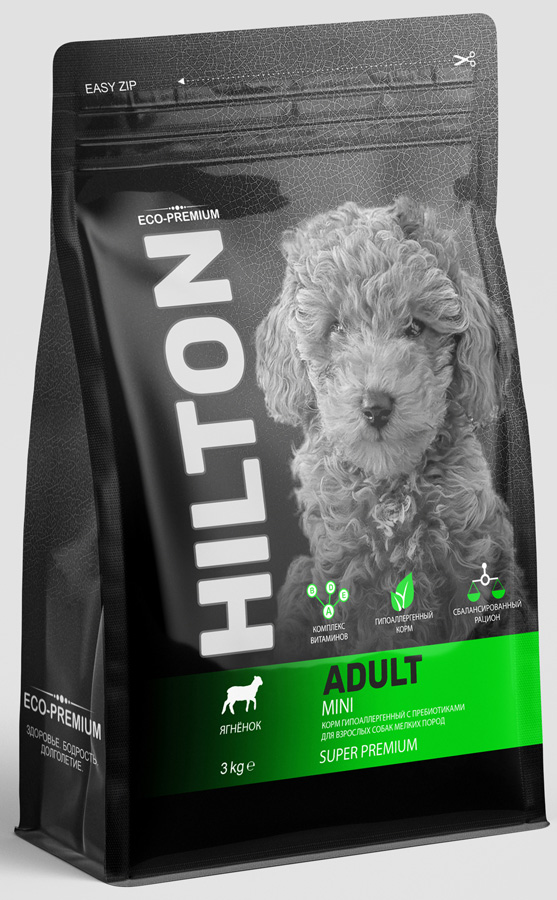 Сухой корм для собак HILTON гипоаллергенный с пребиотиками для взрослых собак мелких пород с ягненком 3 кг 1509₽