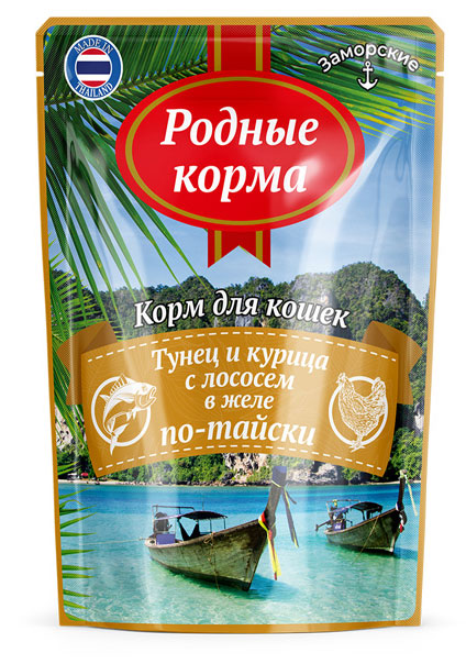 

Влажный корм для кошек Родные Корма заморские паучи тунец и курица с лососем в желе по-тайски 0,07 кг