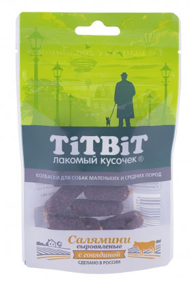 

Лакомство для собак Titbit Колбаски сыровяленые Салямини с говядиной 0,04 кг