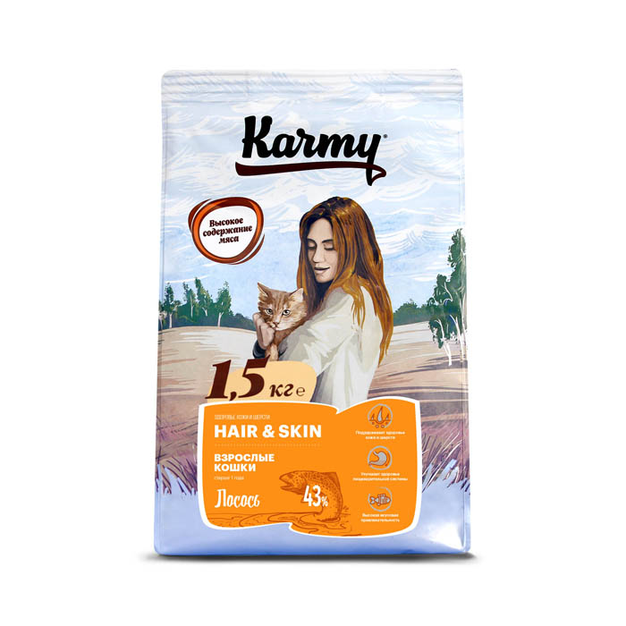 

Сухой корм для кошек Karmy с лососем для поддержания здоровья кожи и шерсти 1,5 кг