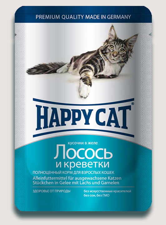 

Влажный корм для кошек Happy Cat нежные кусочки в желе пауч с лососем и креветками 0,1 кг