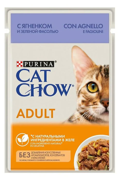 Влажный корм для кошек Cat Chow Adult 1+ ягненок и зеленая фасоль в желе 0,085 кг, размер всех пород