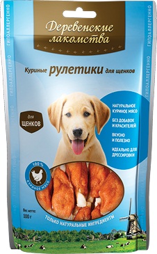 

Лакомство для щенков Деревенские Лакомства 100% Мяса Куриные рулетики 0,09 кг
