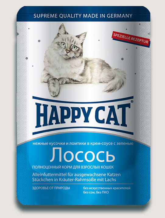 

Влажный корм для кошек Happy Cat нежные кусочки в соусе пауч, лосось ломтики 0,1 кг