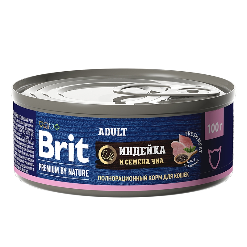 

Влажный корм для кошек Brit Premium by Nature Индейка и семена чиа 0,1 кг