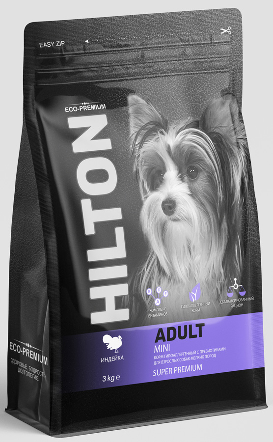 Сухой корм для собак HILTON гипоаллергенный с пребиотиками для мелких пород с индейкой 3 кг 1495₽