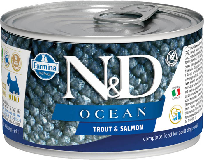 

Влажный корм для собак Farmina N & D Ocean Trout & Salmon Mini с форелью и лососем для маленьких пород 0,14 кг