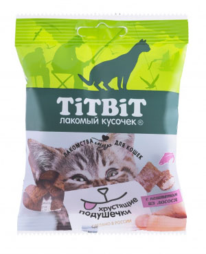 Лакомство для кошек Titbit Хрустящие подушечки с паштетом из лосося 003 кг 24₽