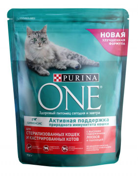 

Сухой корм для кошек Purina One Sterilized для стерилизованных с лососем и пшеницой 0,75 кг