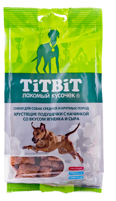 

Лакомство для собак Titbit Хрустящие подушечки с начинкой со вкусом ягненка и сыра для крупных и средних пород 0,095 кг