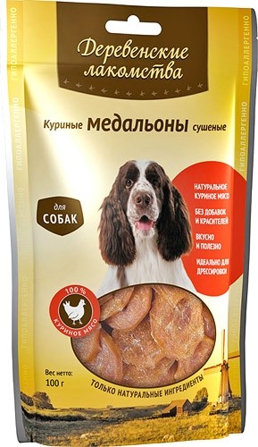 

Лакомство для собак Деревенские Лакомства 100% Мяса Куриные медальоны сушеные 0,09 кг