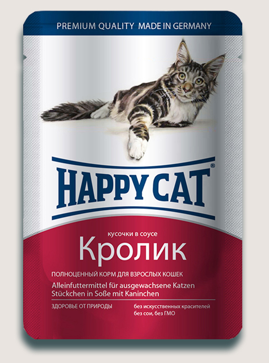 

Влажный корм для кошек Happy Cat нежные кусочки в соусе пауч с кроликом 0,1 кг